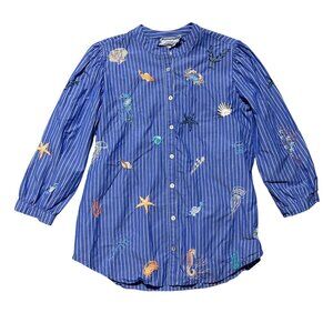 Johnny Was Women's Small Portia Puff Sleeve Shirt Striped Embroidery Blue